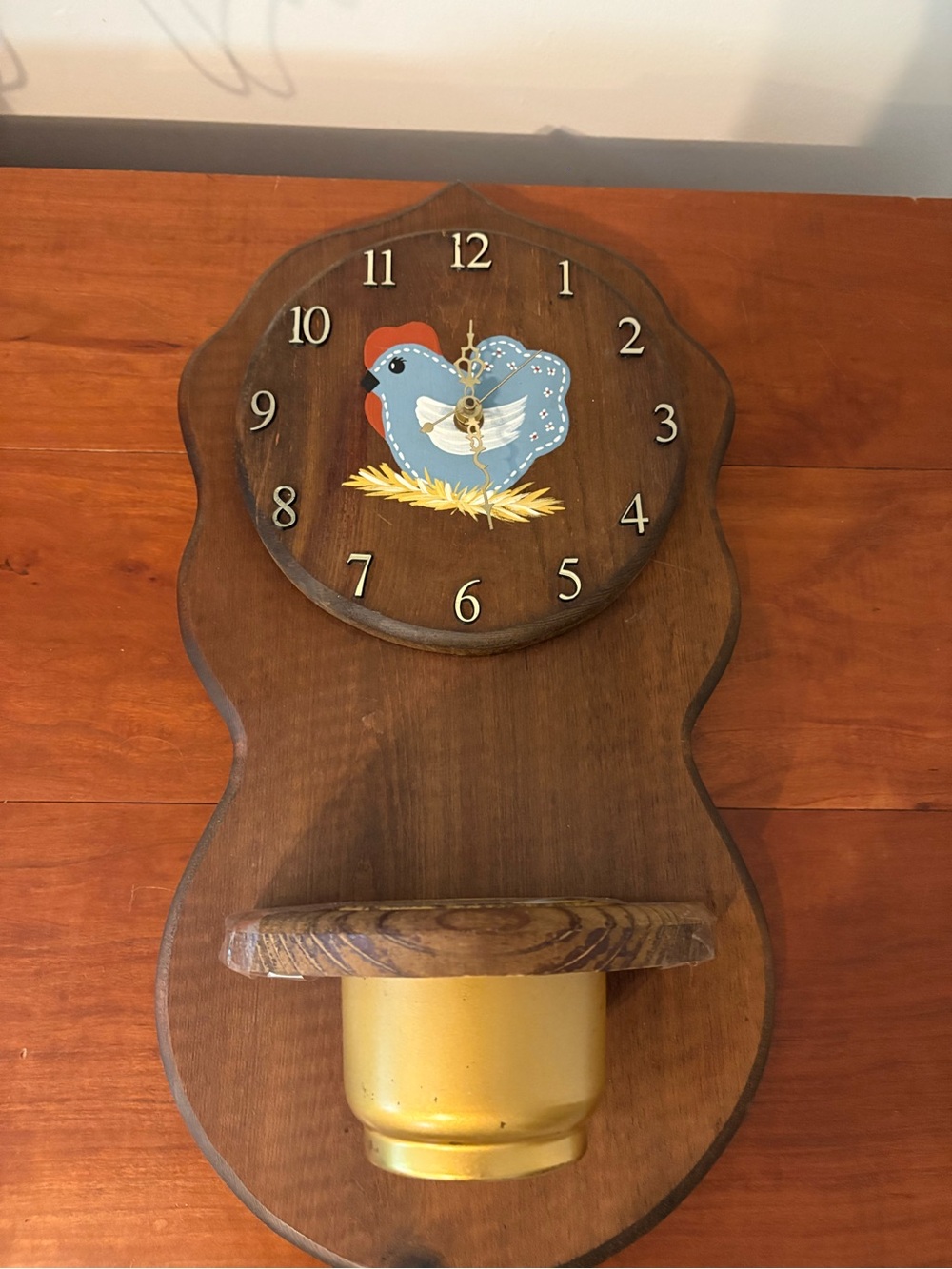 Vintage Wood Chicken Wall Clock Planter Folk Art Farmhouse Decor
